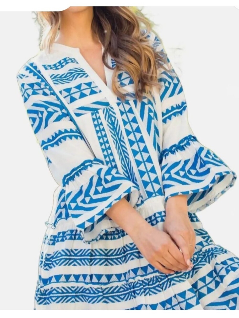 THML, Size S/4, Blue & White Geometric Print V-Neck Dress